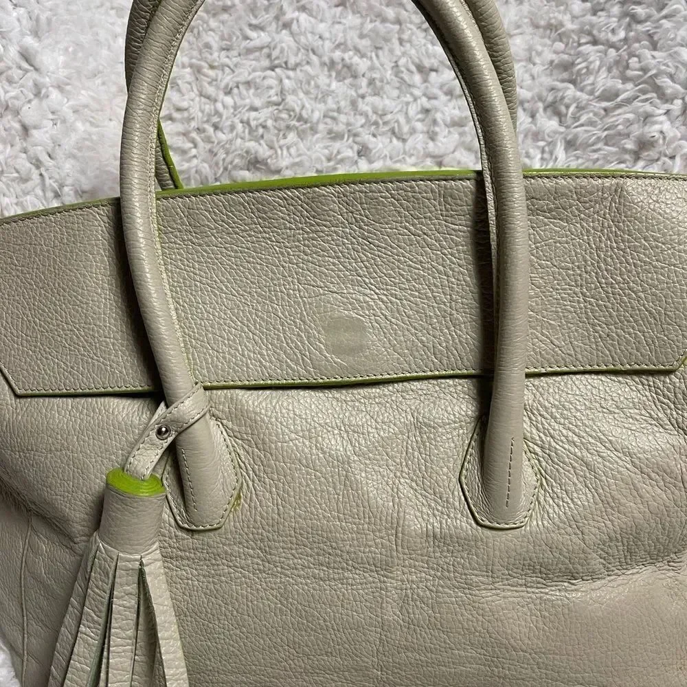 Vittoria Napoli Elegant Leather Cream XL Tote Bag with Green Accents